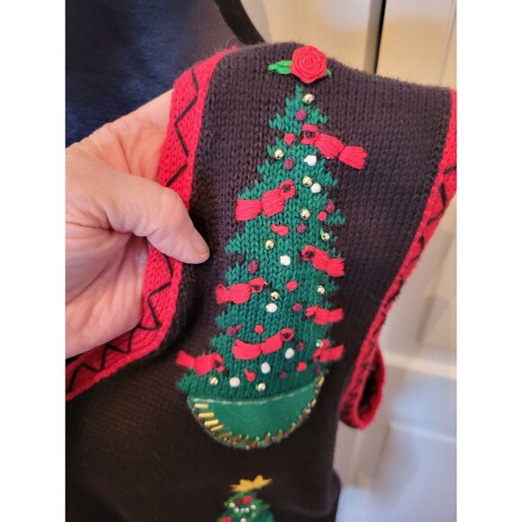 Vintage 90s/Y2K Black Christmas Tree Vest Beaded Bows MP Glam Retro Festive - Picture 6 of 8